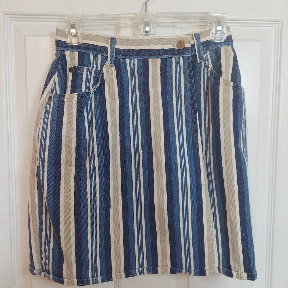 Stuffed Shirt Denim Vintage 80s Blue Tan Railroad Striped Wrap Mini Skirt Size 6